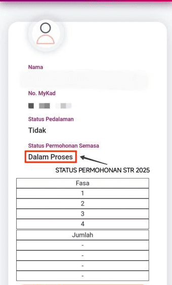 semak str fasa 1 2026 status