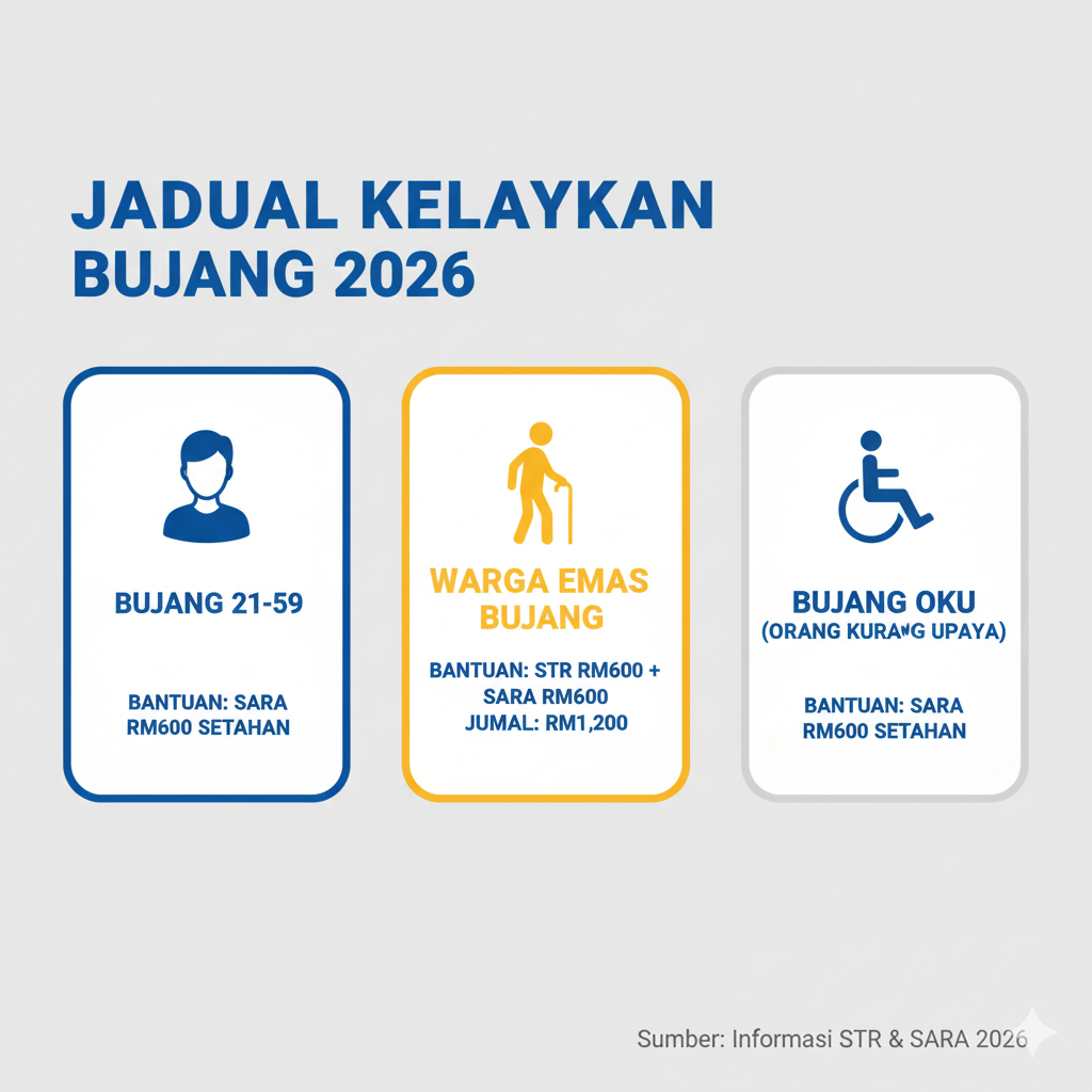 STR Bujang 2026: Permohonan & Bayaran SARA RM600 1 kelayakan str bujang 2026